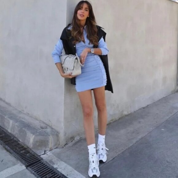 Zara Blue Bodycon Asymmetric Ruched Draped Long Sleeve Mini Shirt Dress - Picture 5 of 13